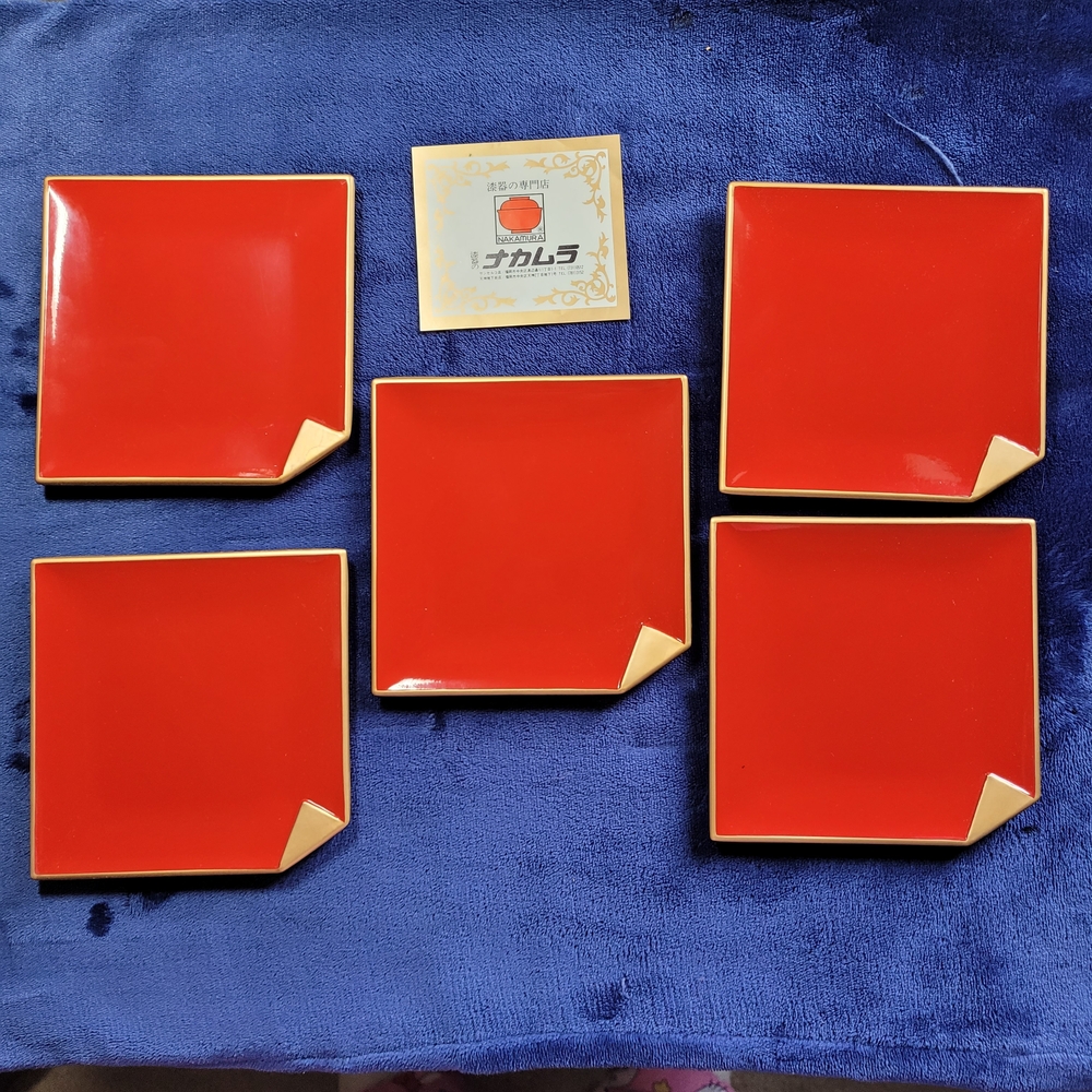 Vintage YWIC Japanese Red Lacquerware Plates with Box